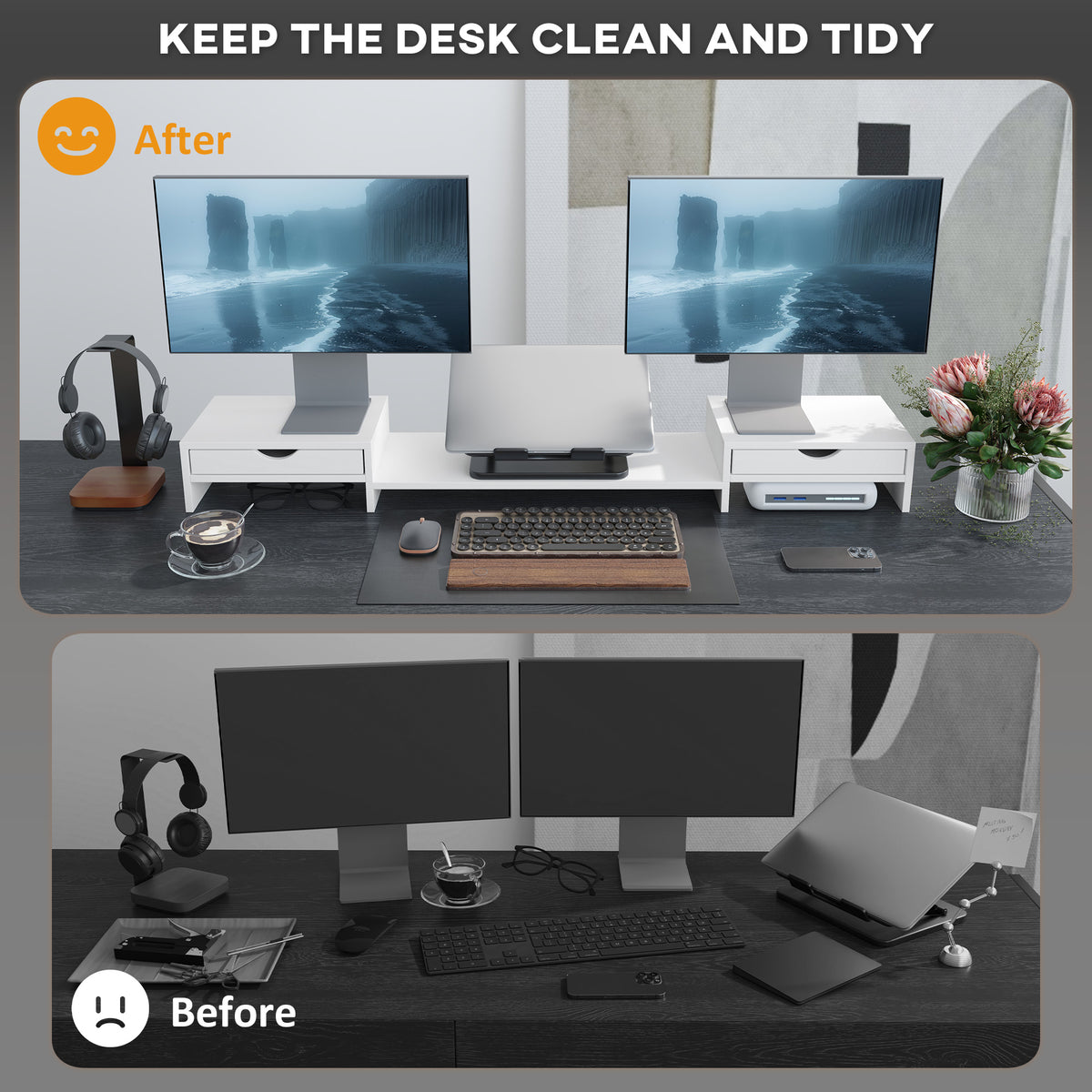 Dual Monitor Stand Riser With Drawers