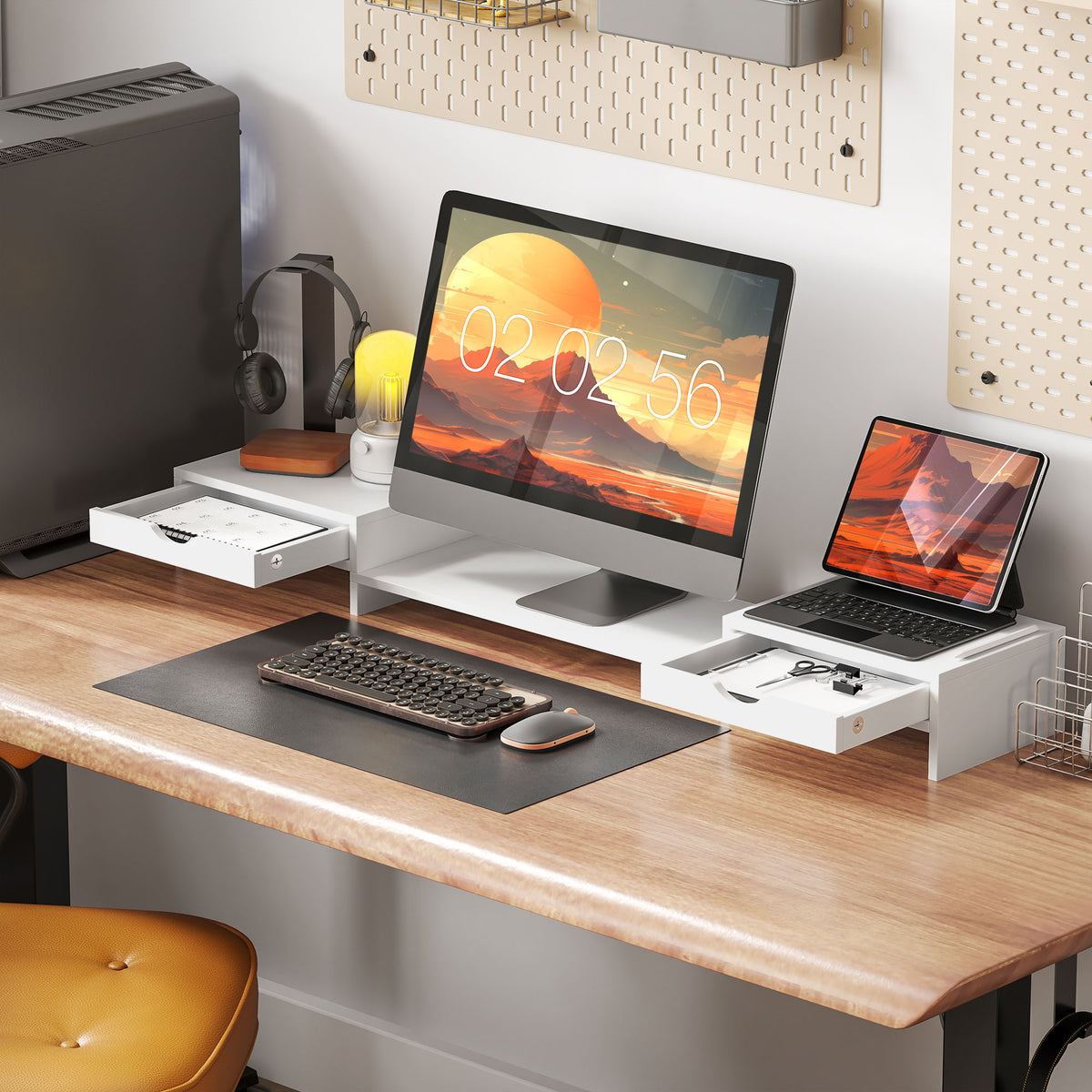 Dual Monitor Stand Riser With Drawers
